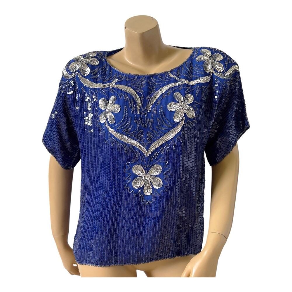 JLB Vintage Sequin Beaded Blouse Womens L Blue Silk Floral Evening Shoulder Pads